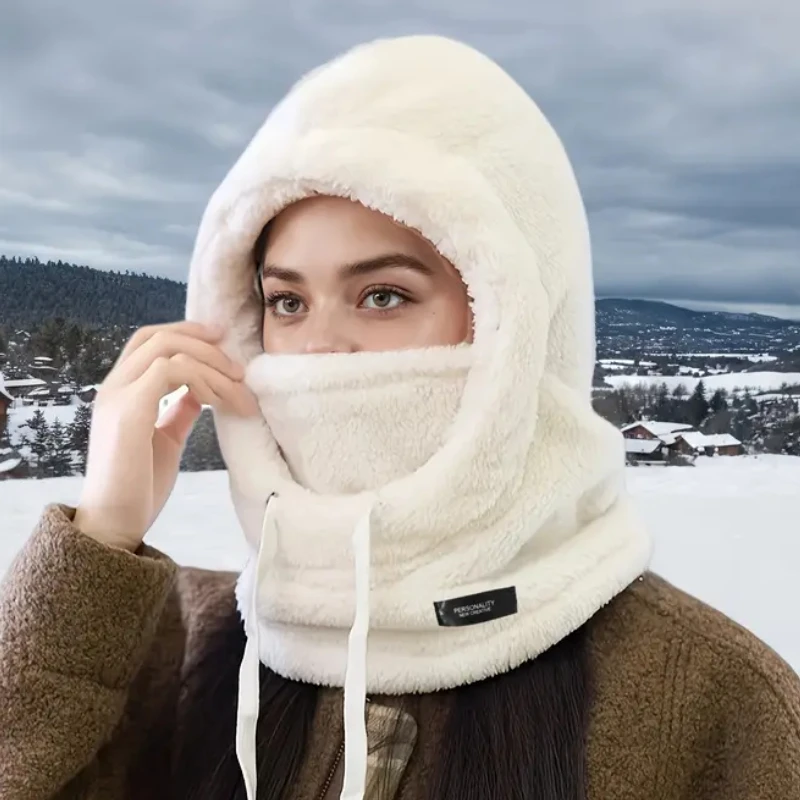 قناع تزلج نسائي شتوي أبيض من الصوف القطيفة خفيف الوزن للرياضات الخارجية وركوب الدراجات والمشي لمسافات طويلة والطقس البارد