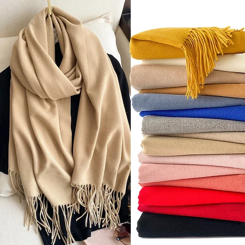 

2022 Winter Scarf Solid Thick Women Cashmere Scarves Neck Head Warm Hijabs Pashmina Lady Shawls And Wraps Bandana Tassel