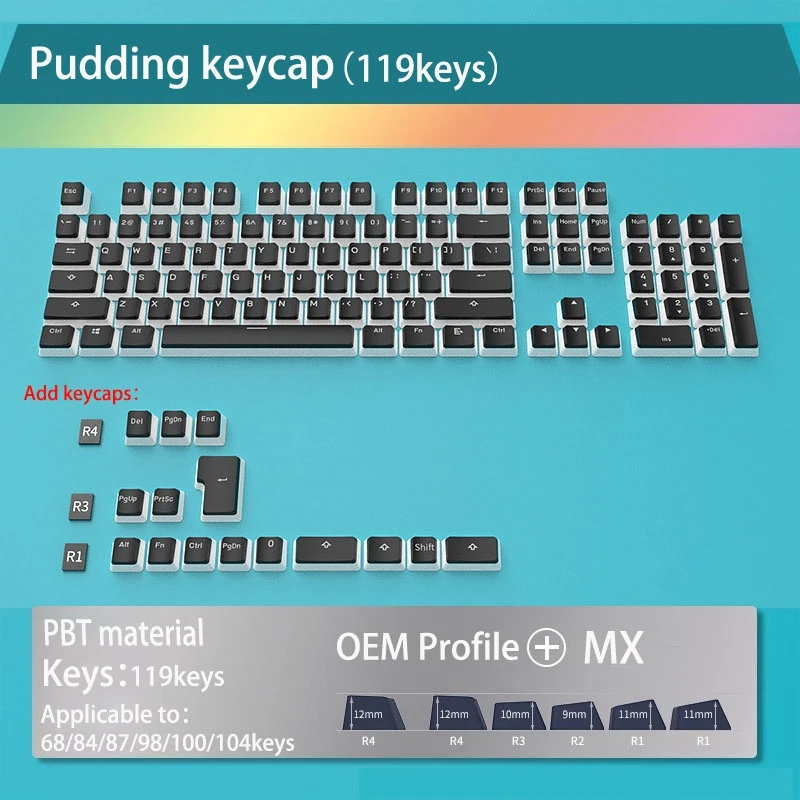 Pudim Keycap para teclado mecânico, OEM PBT Key Cap, Retroiluminado para perfil MX, Keycaps para GMK87, GMK81, GMK67, K617, M87, 129 chaves