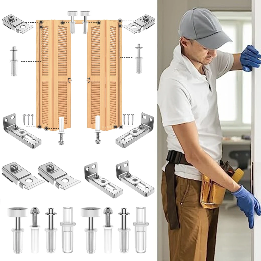 2Pcs Bifold Door Hardware Repair Kit Include Top & Bottom Bracket Folding Door Hardware Replacement with Pivots for Bifold Door