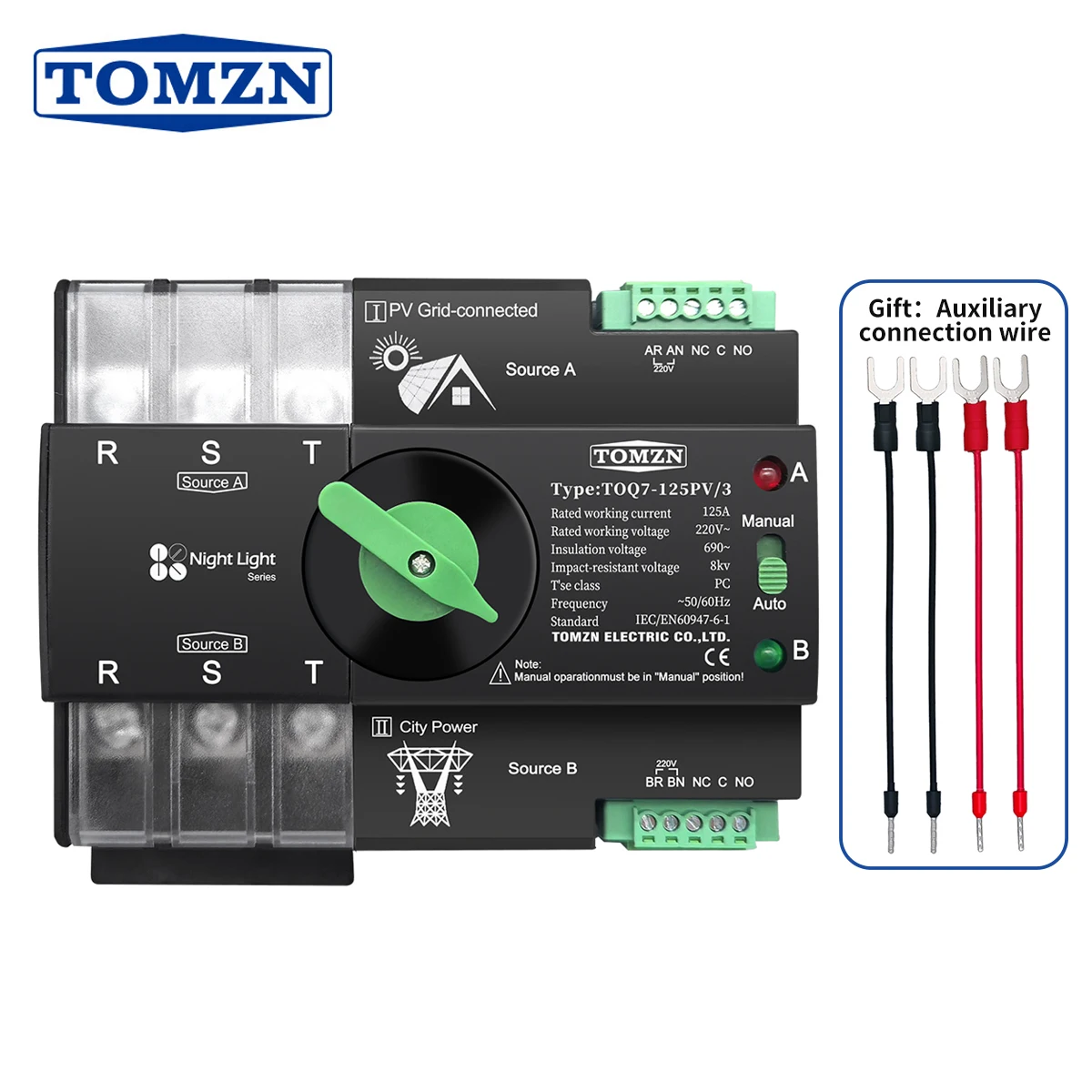 

TOMZN Din Rail 3 phase ATS for PV 3P 63A 100A 125A 230V Dual Power Automatic Transfer Electrical Selector Switch Uninterrupted