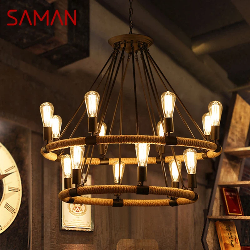 SAMAN American Style Retrohemp Rope Chandelier Nostalgic Loft Industrial Style Internet Cafe Restaurant Hot Pot Shop Pendant