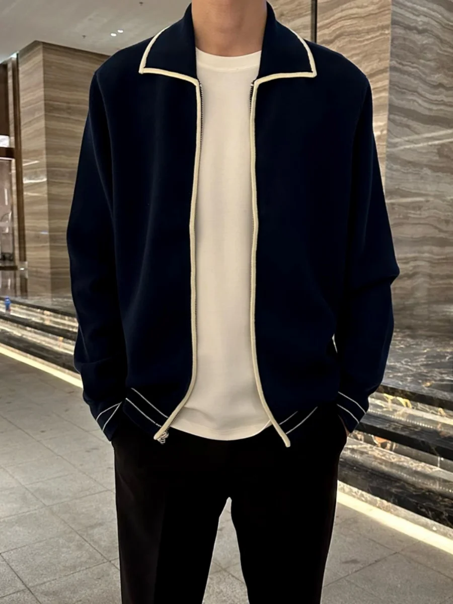 

Осенне-зимний вязаный кардиган на молнии с контрастными цветами, мужской, в стиле ретро, с воротником, приталенный, универсальный, в полоску