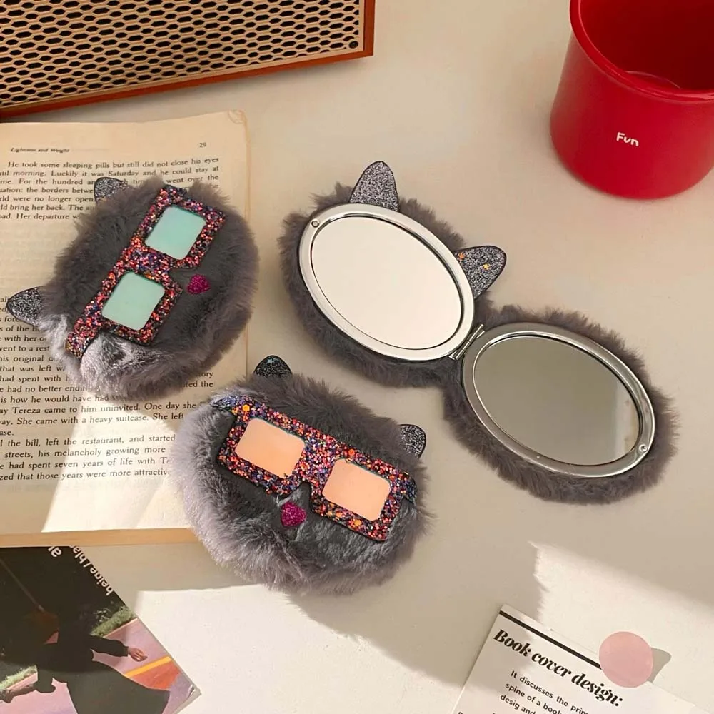 Two-sided Plush Cartoon Cat Mirror Compact Cosmetic Mirror Animal Sunglasses Cat Fold Makeup Mirror Cosmetic Tools Folding