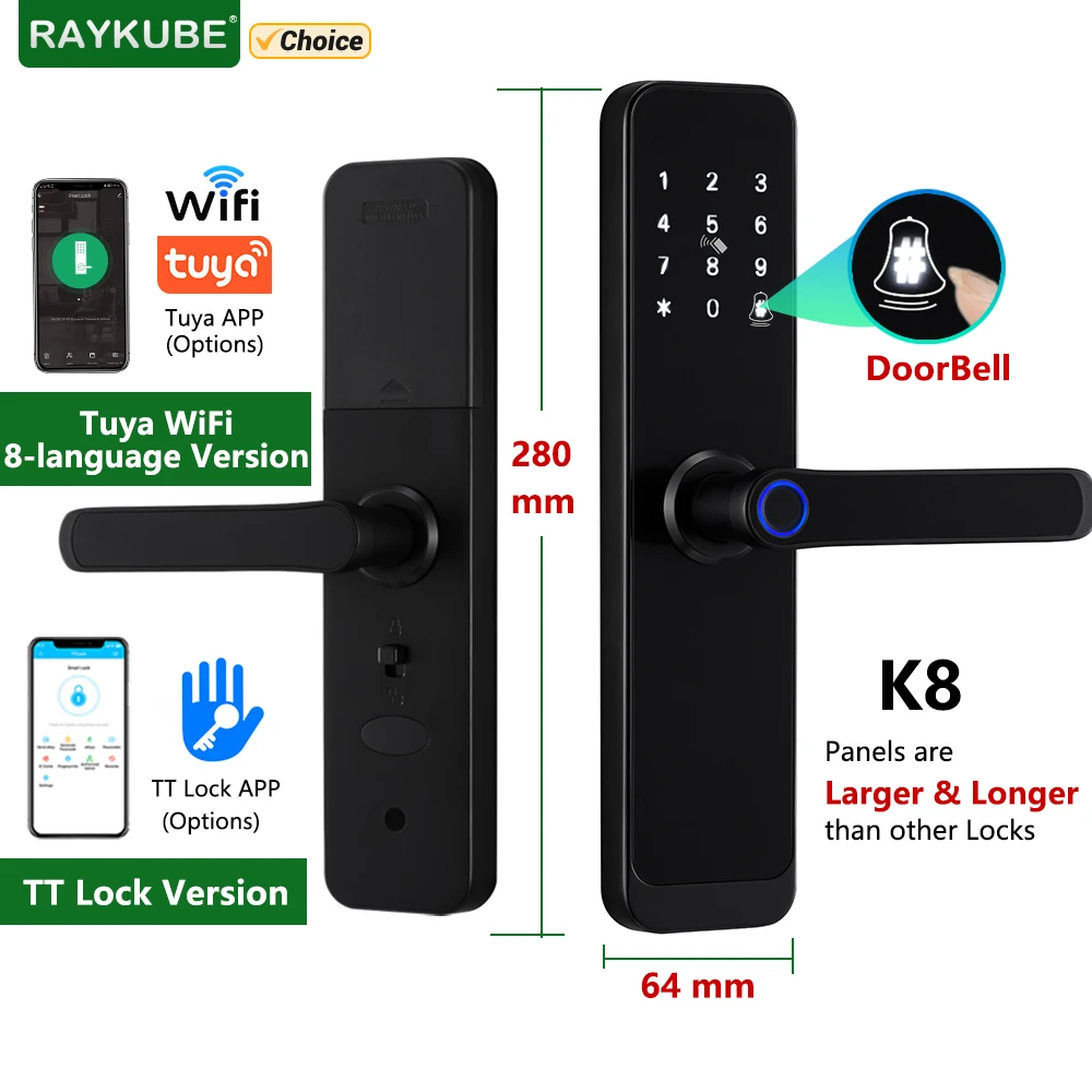 RAYKUBE K8 스마트 도어락 TTlock 블루투스 및 투야 와이파이 지문 비밀번호, 13.56MHZ IC 카드, 키리스 스마트라이프 홈 