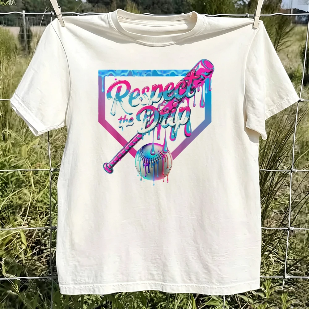 Respect The Drip Neon Melting Baseball Bat Graphic Design Women Trendy T Shirt Bright Colorful Streetwear Fashion Party Outfit