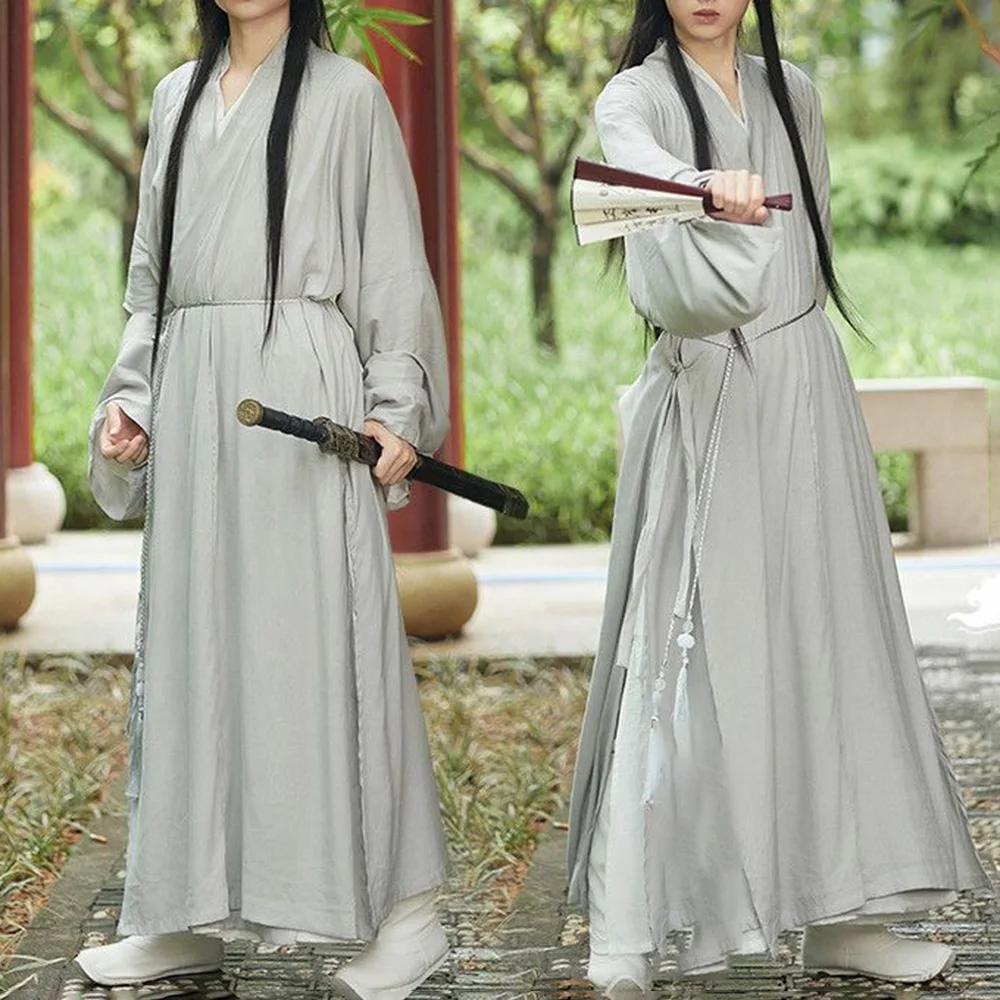 

Осень-зима, мужской однотонный длинный комплект ханьфу, ретро китайский ретро-модный тренд, свободный дышащий нишевый мужской комплект для отдыха, 2025 г.