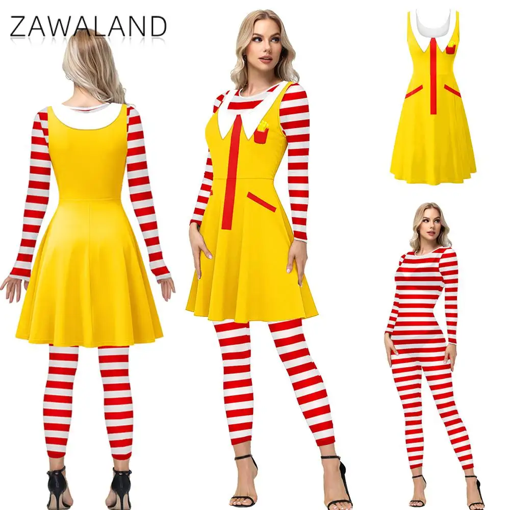 Damen Ronald M Onkel Cosplay Kostüm Fast-Food-Clown Gelbes Kleid mit Gestreiftem Overall Halloween Karneval Party Outfit 2-teilig