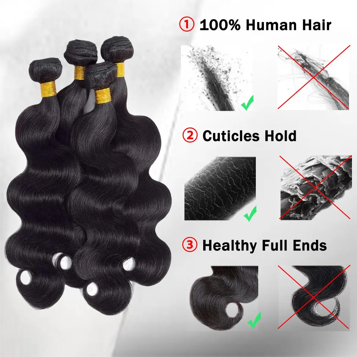 Bundles brésiliens de vague de corps de cheveux humains, 100% cheveux vierges non transformés, 3 faisceaux, 10A, 20 po, 22 po, 24 po