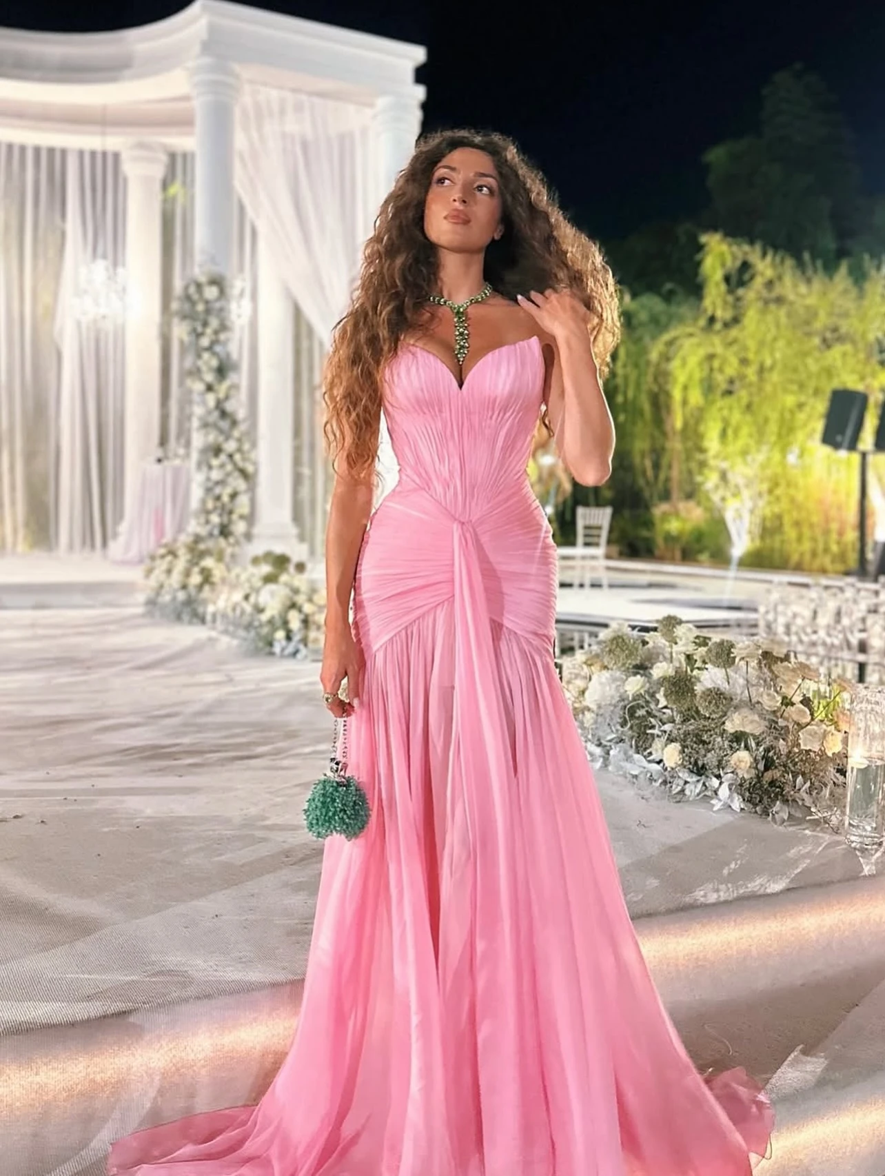 Pink Sweetheart Ruched Mermaid Gown with Slit and Chiffon Train – Elegant Evening Dress – 2025 Trending Wedding Dress Gala Gown