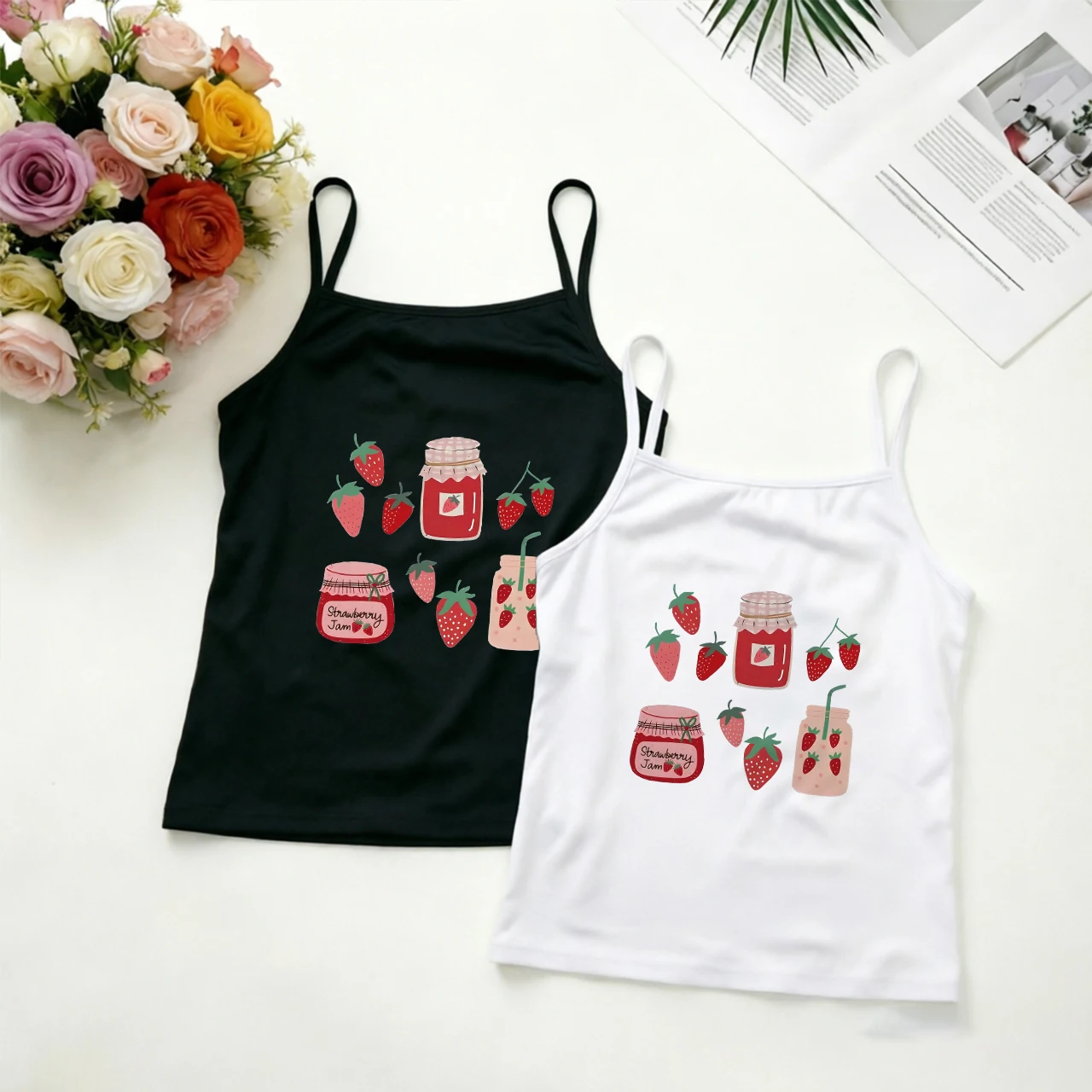 Cute Strawberry Jam Graphic Camisole Top Sweet Fruit Spaghetti Strap Tank Sleeveless Cami Summer Tee Gift Idea for Women