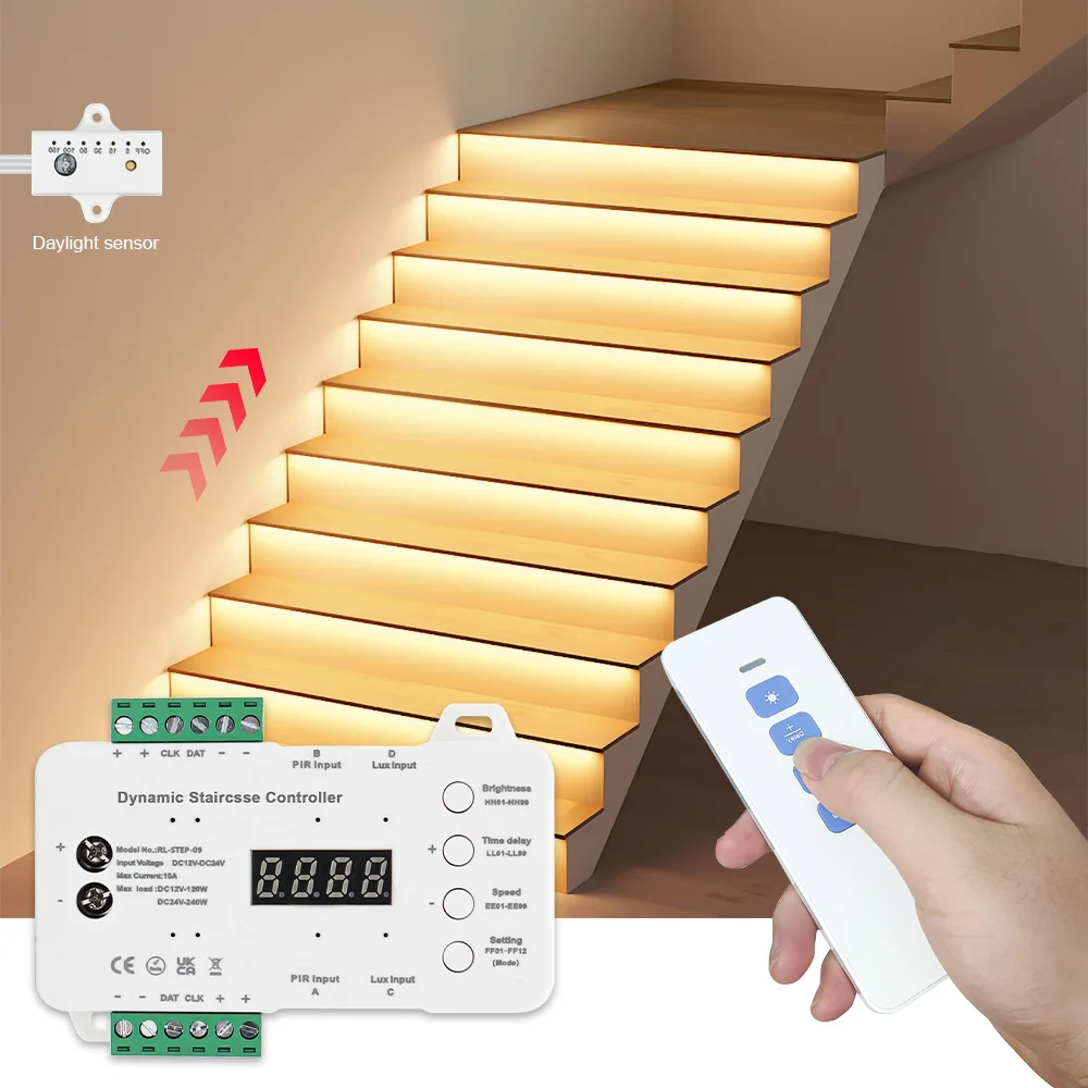 LED Stair Light Strip com Sensor de Movimento, Iluminação Diurna, Decoração Escada, Sem Fiação, 16 Passos, 20 Passos