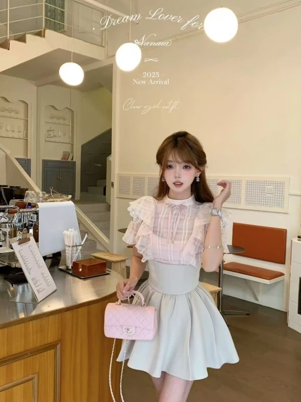 Sweet Anti-Aging Summer Japanese Sle Set round Ne Design  Knot Slim Fit Top High Waist ort Skirt Two Piece Set