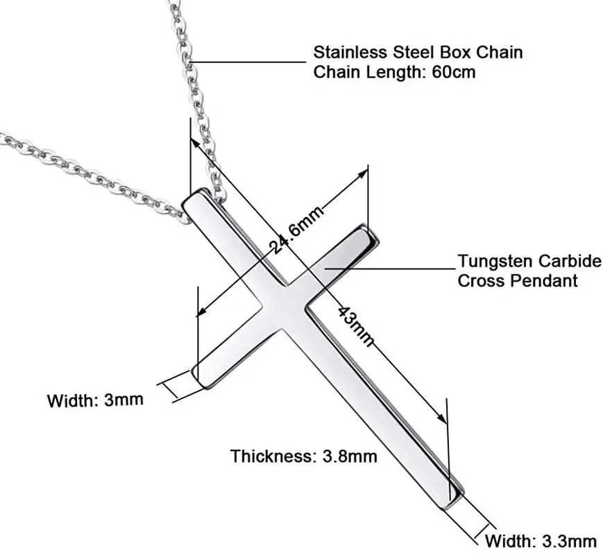 JQUEEN Men\'s Tungsten Carbide Necklace Tone Custom Tungsten Steel Cross Pendant Stainless Steel Box Chain Neckalces