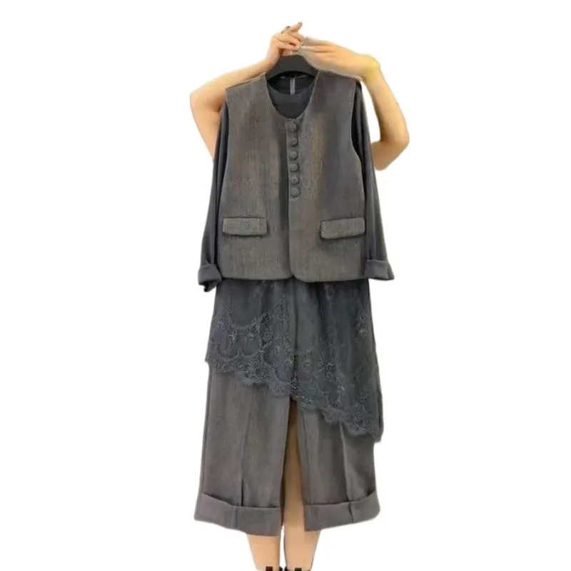 

Темпераментный жилет премиум-класса + футболка + широкие брюки с кружевным дизайном, комплект из трех предметов, комплекты женской одежды больших размеров с брюками