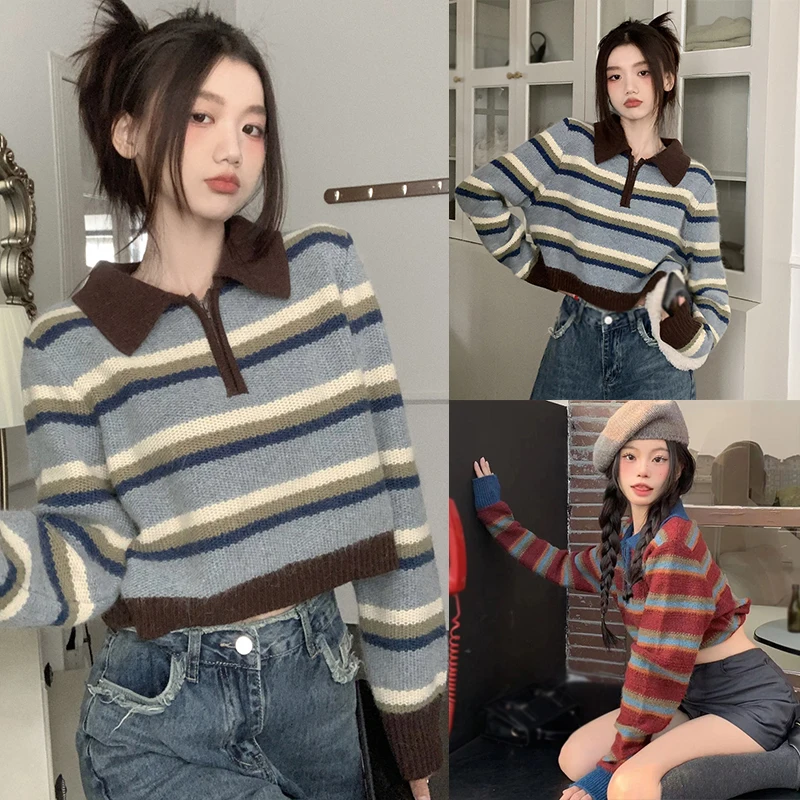 Sweaters for Women Autumn Winter V Neck Long Sleeve Striped Casual Knit Striped Pullover Sweater Tops