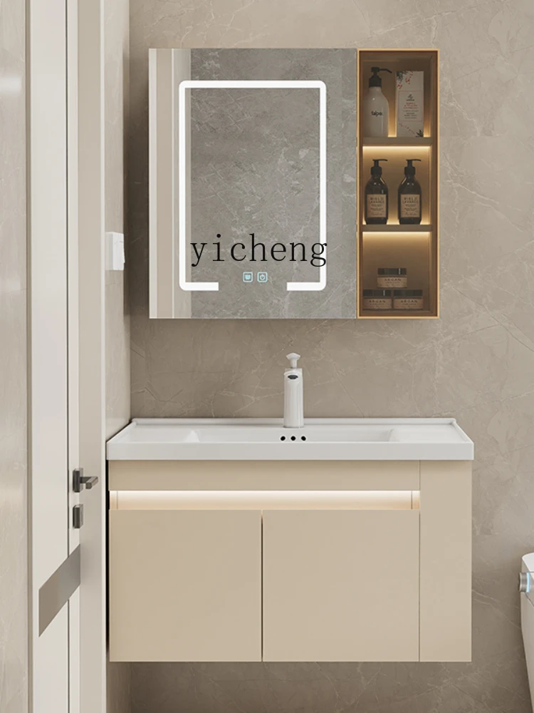 ZC Cream Style Solid Wood Narrow Edge Slender Integrated Ceramic Basin Bathroom Wash Basin Storage Cabinet