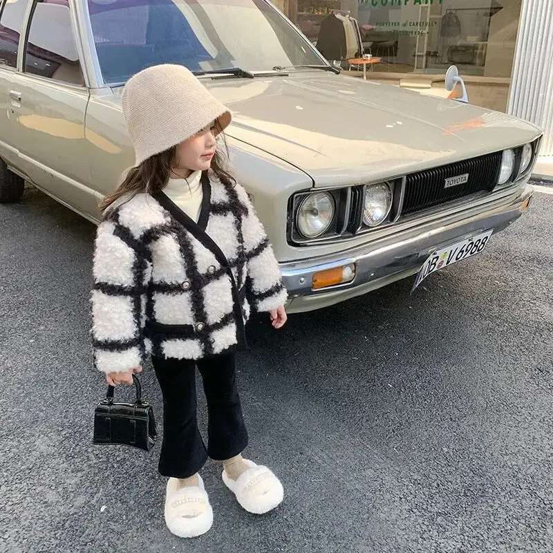 Girls Jacket outerwear autumn and winter new style children\'s stylish plaid lambhair cotton clothes baby thick warm coat