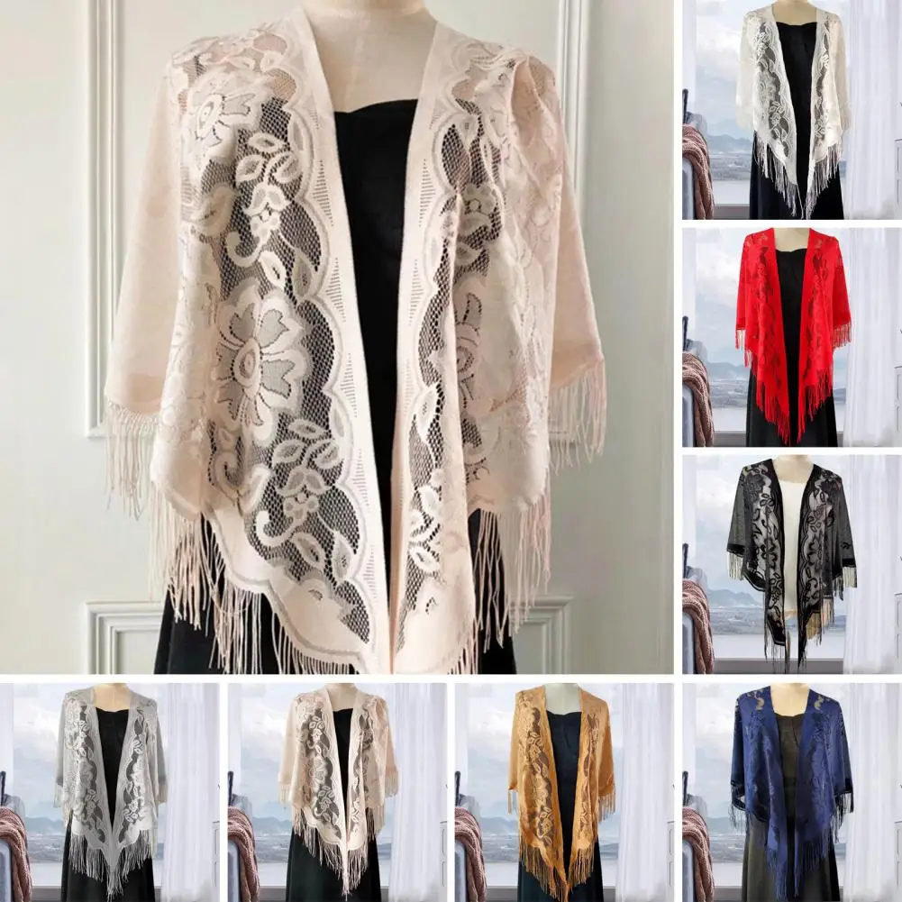 Stylish Women Shawl Tassel Anti-UV Colorfast Crochet Lace Flower Pattern Elegant Shawl