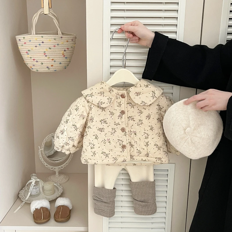 

2025 Winter Clothing New Girl's Plush Floral Collar Long Sleeve Versatile Warm Cotton Coat