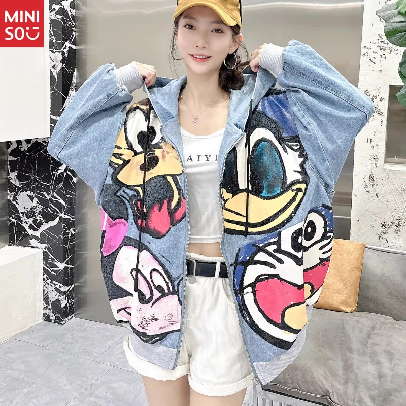   Veste de baseball de dessin animé, broderie de paillettes lourdes, manteau en jean unisexe