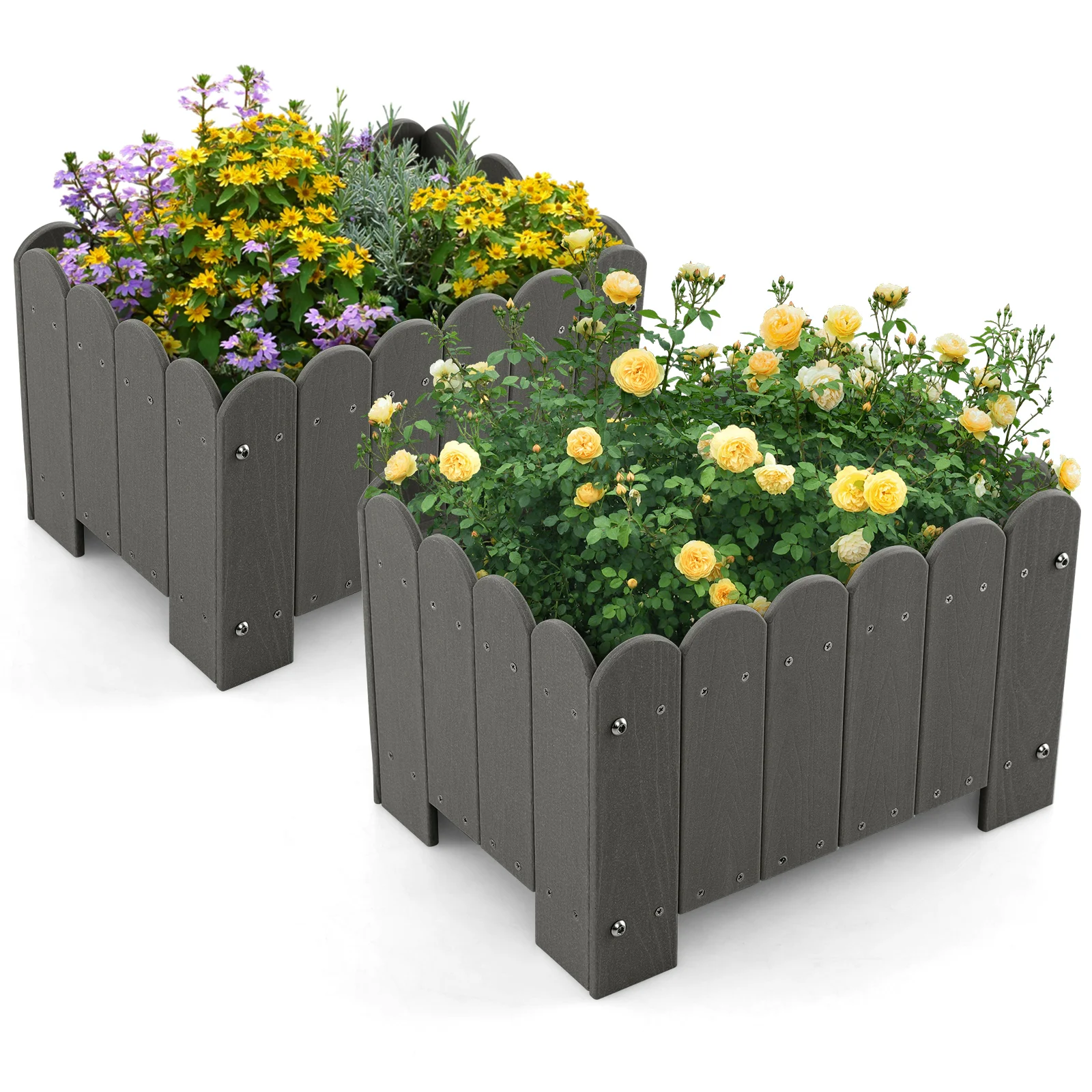 2 planters weatherproof, flower pots HDPE, garden flower box rectangular, flower bed with drainage gaps, raised bed flower pot