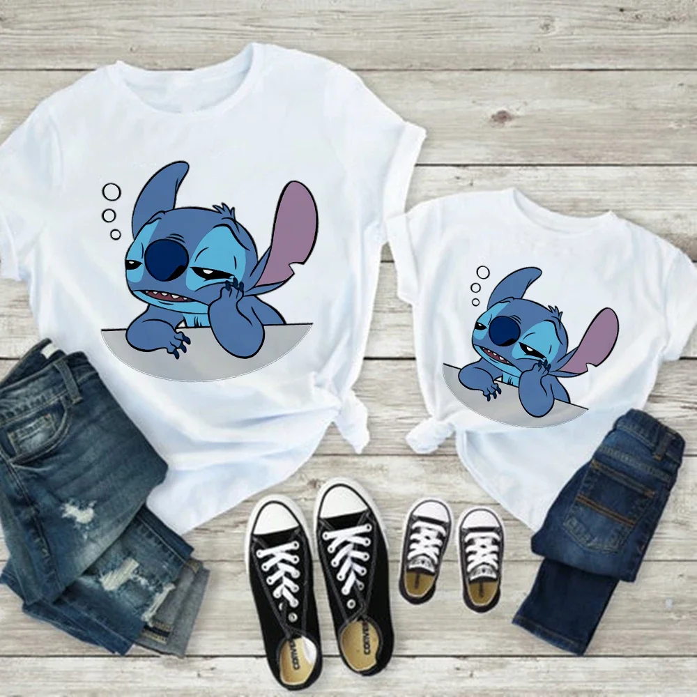 Cute Stitch Print Disney T Shirt Childern Summer Sweet Style Soft Girl Aesthetic Family Matching Clothes Mom and Daughter Equal