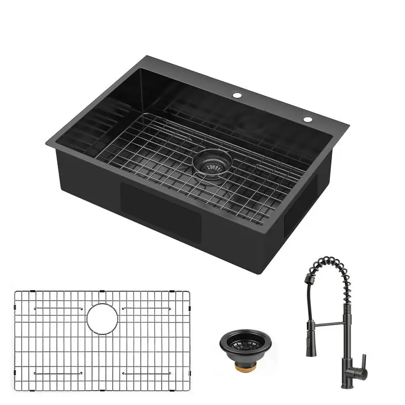 

30x22 Inch Gunmetal Black Drop-in Topmount 18G Stainless Steel Single Bowl Kitchen Sink with Pull-Out Faucet - Elegant Design