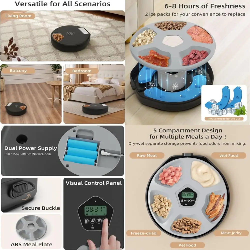 

Automatic Pet Feeder for Wet & Dry Food, 5-Meal Timer Dispenser with 2 Ice Packs, Programmable Smart Feeder for Cats/Dogs – Keep