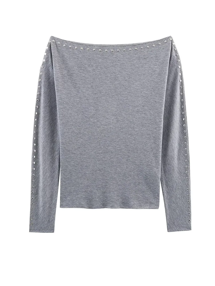 HH mujer elegante cuello oblicuo remache decoración camiseta mujer Chic Casual manga de murciélago manga larga primavera sólido 3 colores Tops