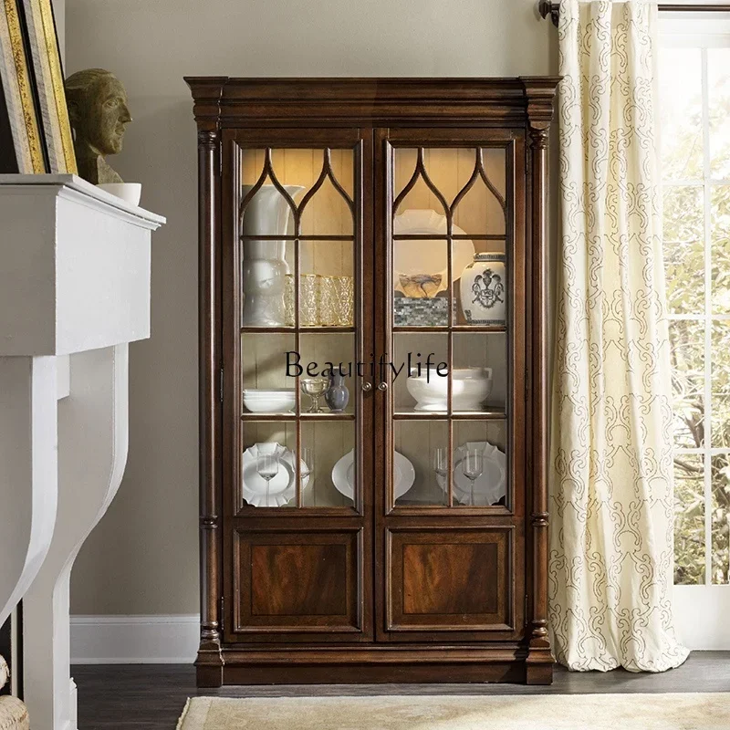 

02American all-solid wood wine cabinet multifunctional living room glass door display locker