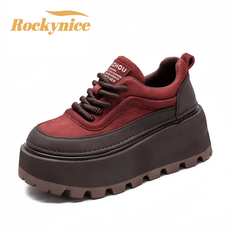6.5CM Cow Genuine Leather Shoes Platform Wedge Flats Lace-up Rubber Sneakers Mary Jane Casual Shoes Retro Skateboarding Shoes