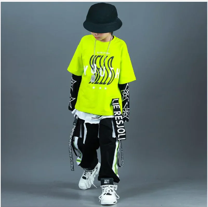 Kids Fashion Hip Hop Clothing Oversize Green Hoodie Streetwear Black Cargo Shorts For Girls Boys Jazz Dance Costume Clothes
