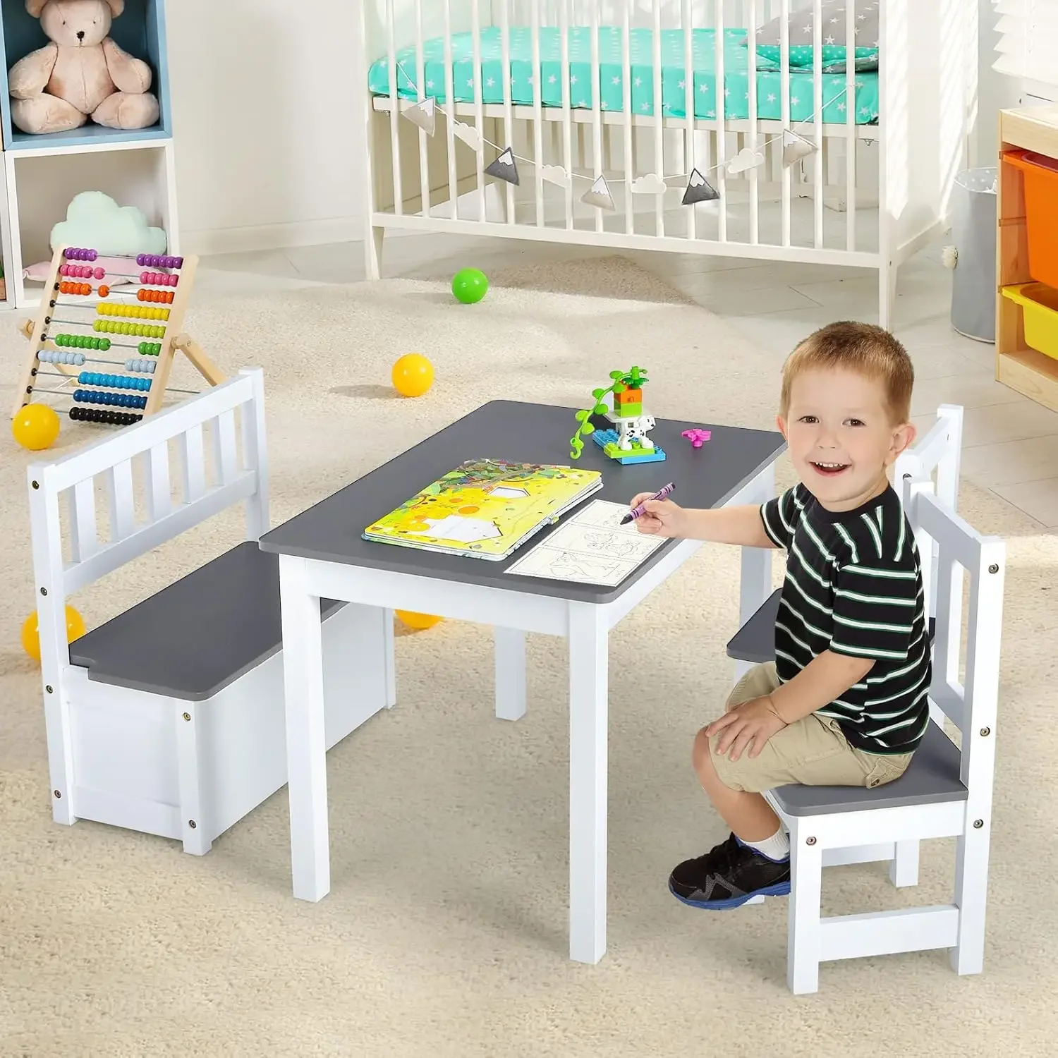 Kids Table and Chair Set, Wood Activity Table with Toy Storage Bench & 2 Chairs for Children Reading, Arts, Crafts, Snack Time,