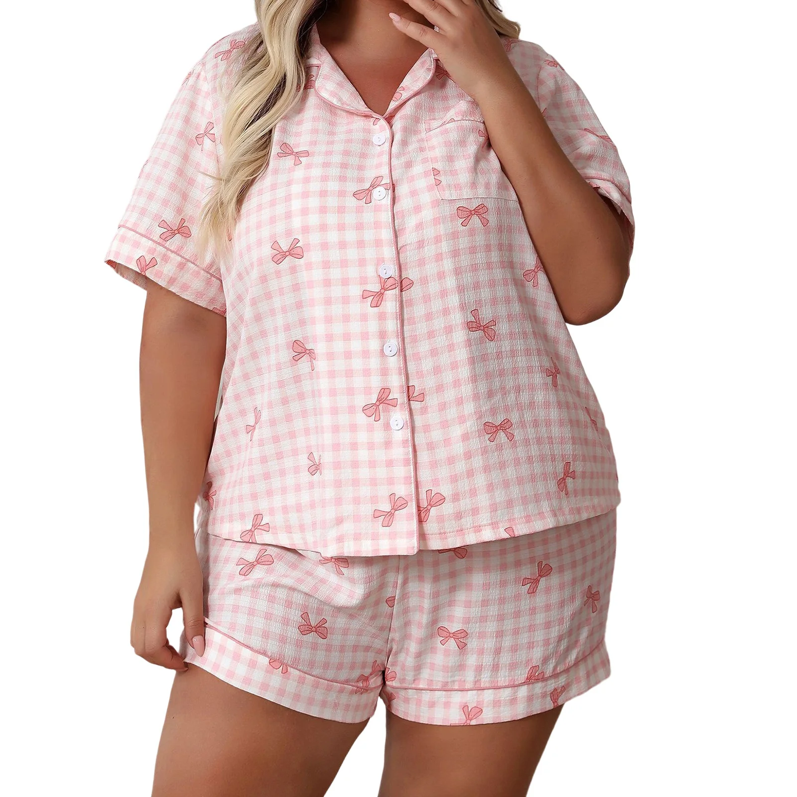 

Women Plus Size Pajamas Set Bow Plaid Heart Print Short Sleeves Shirt and Elastic Shorts for Loungewear Soft Sleepwear