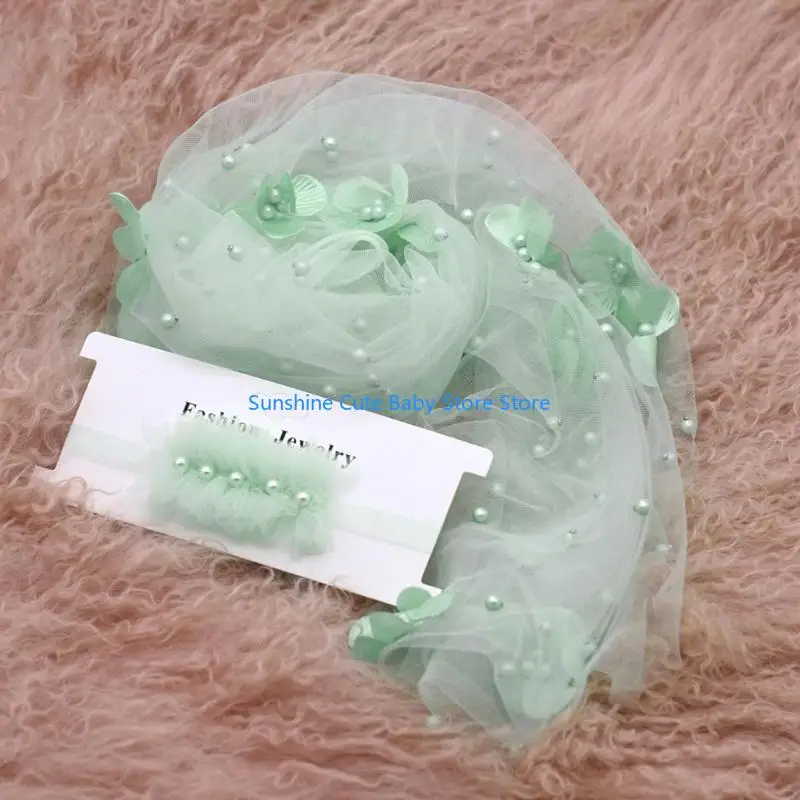 C5AF 2Pcs 신생아 사진 촬영 소품 긴 랩 쉬폰 비즈 꽃 장식 DIY 사진 소품 머리띠와 담요