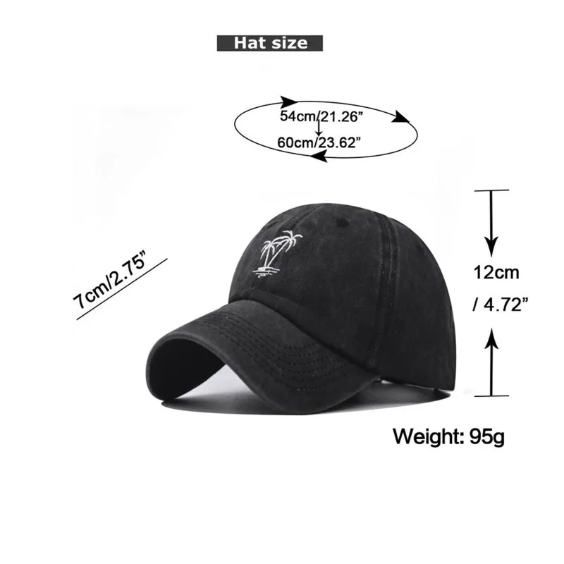 Baseball Hat Palm Tree Embroidery Washed Cotton Cap for Men Women Gorras Snapback Caps Sun Protection Casquette Hat Outdoors Cap