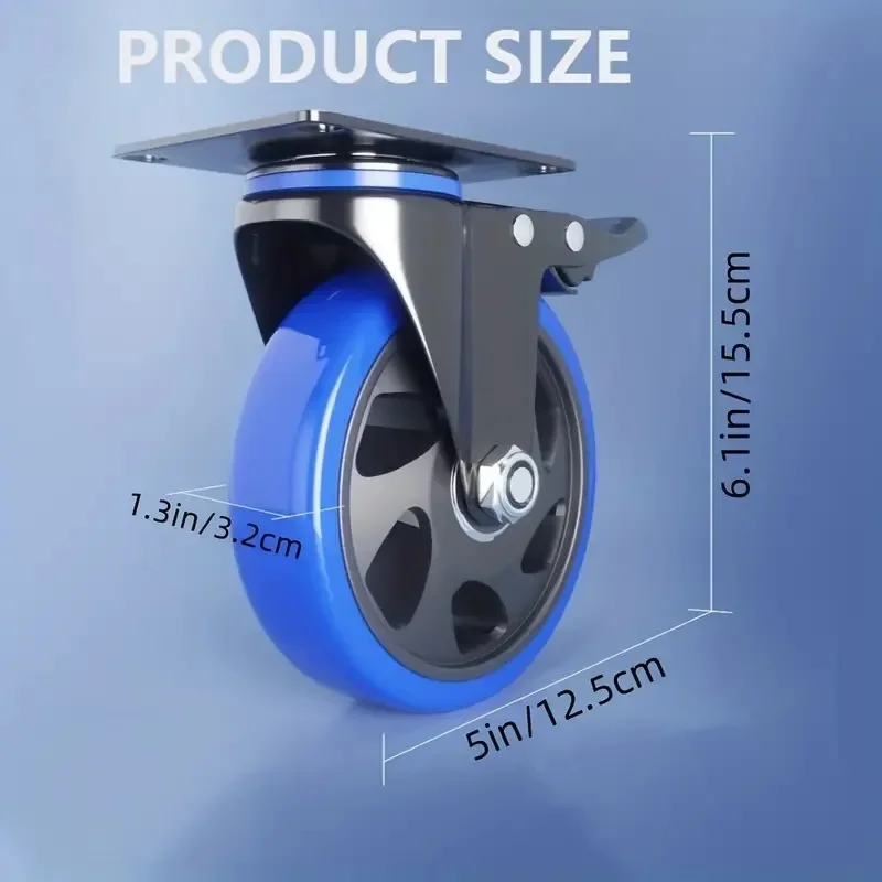 4 Pcs 5-inch Medium Blue Pvc Swivel Casters With Black Core, Dual Ball Bearings Brake & Universal Plate For Industrial Equipment