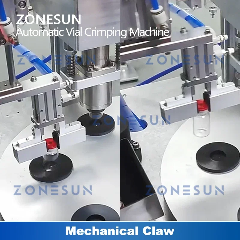 ZONESUN-máquina neumática de prensado de viales, sellador automático de botellas de vidrio, tapas abatibles con colector de tocadiscos, ZS-YG200
