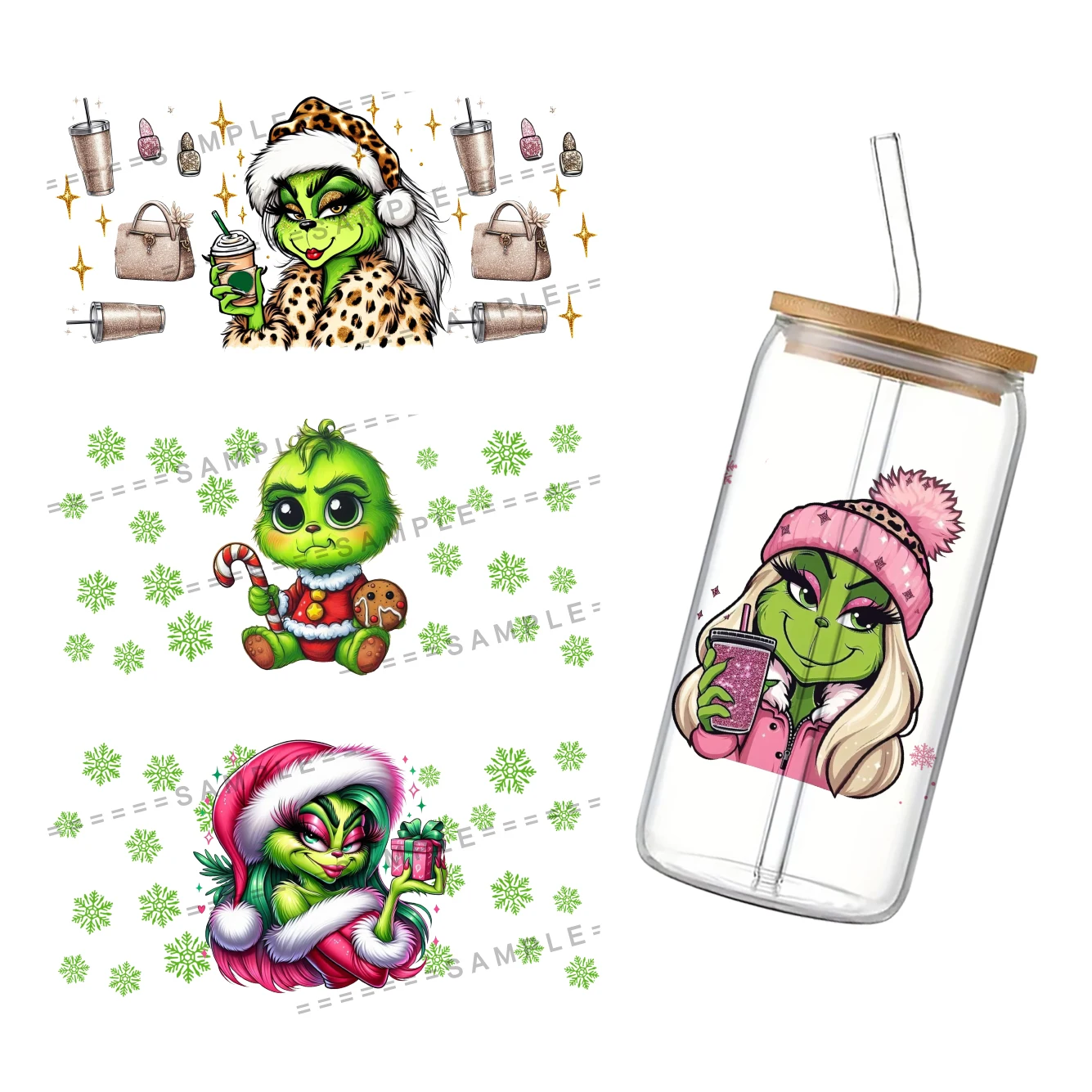 Nieuwe Mode Kerst Cartoon Voor Libbey 16Oz Kan Glas 3d Waterdichte Uv Dtf Koffie Kan Verpakken Libbey Glas Wrap