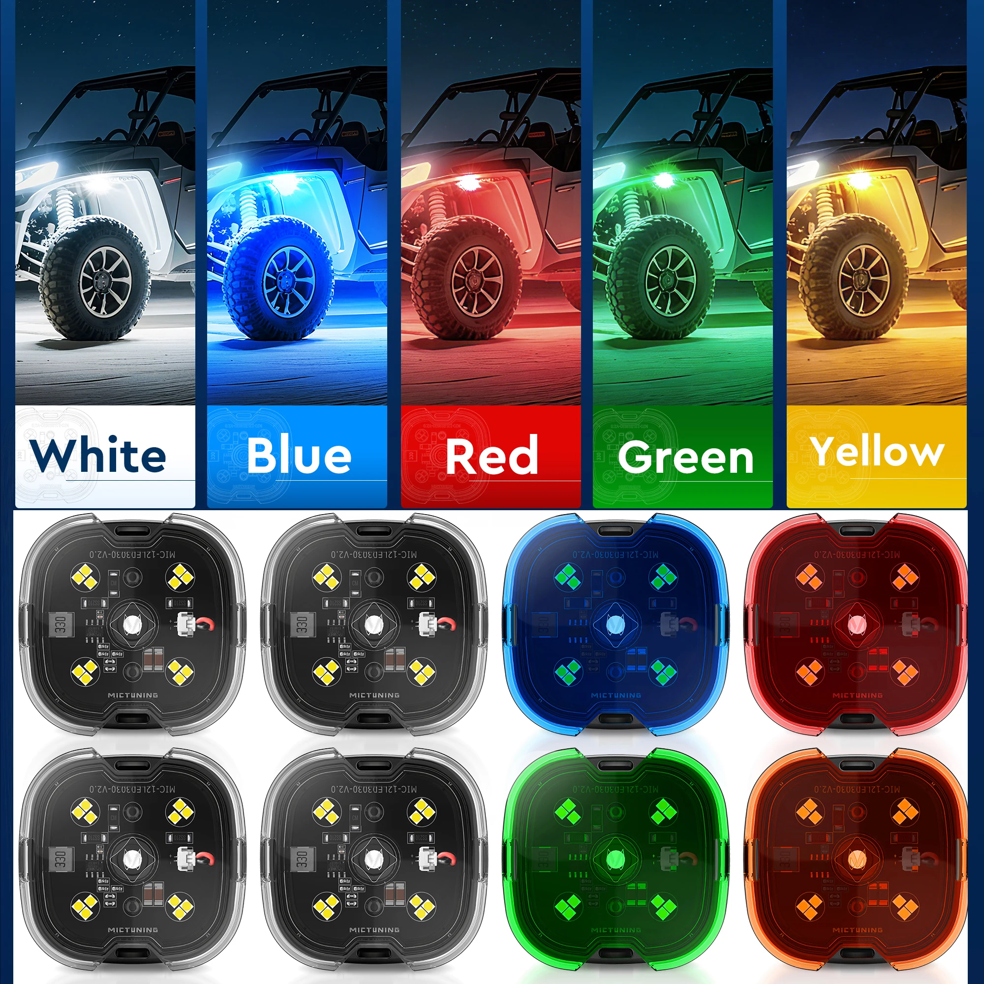 

Светодиодные фонари MICTUNING Rock Lights 12V для шасси с 5 линзами, водонепроницаемые IP68, автомобильные светильники для внедорожников, подсветка днища автомобиля