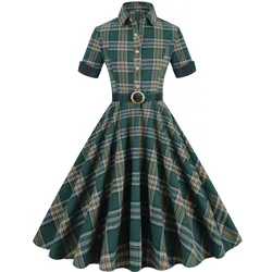 Women Pin Up Lattice Print Casual Party Dress Summer Short Sleeve Retro Robe 60s 50s Vintage Rockabilly Swing Dress Vestidos