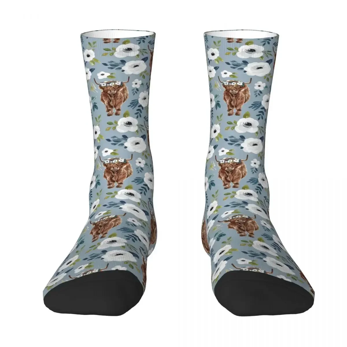 Blue Highland Cow Floral Socks Harajuku High Quality Stockings All Season Long Socks Accessories for Man's Woman's Gifts