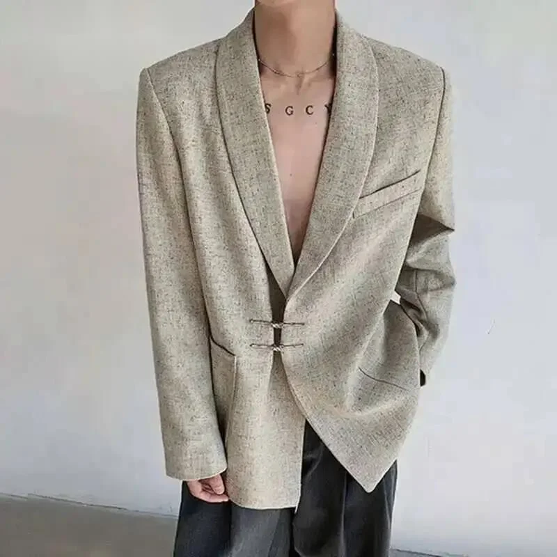 Suit Jacket Men's Wear New Chinese Style Metal Buckle Shoulder Pad Metal Disc Buckle Blazer Artistic Textured 9WG5AN
