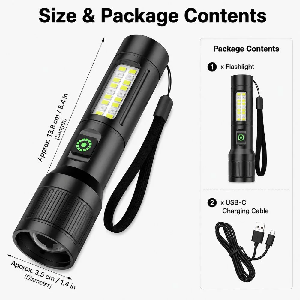 Rechargeable LED Flashlight Adjustable Beam Multiple Lighting Mode COB Side Light Waterproof Long Lasting Emergency Flashlight