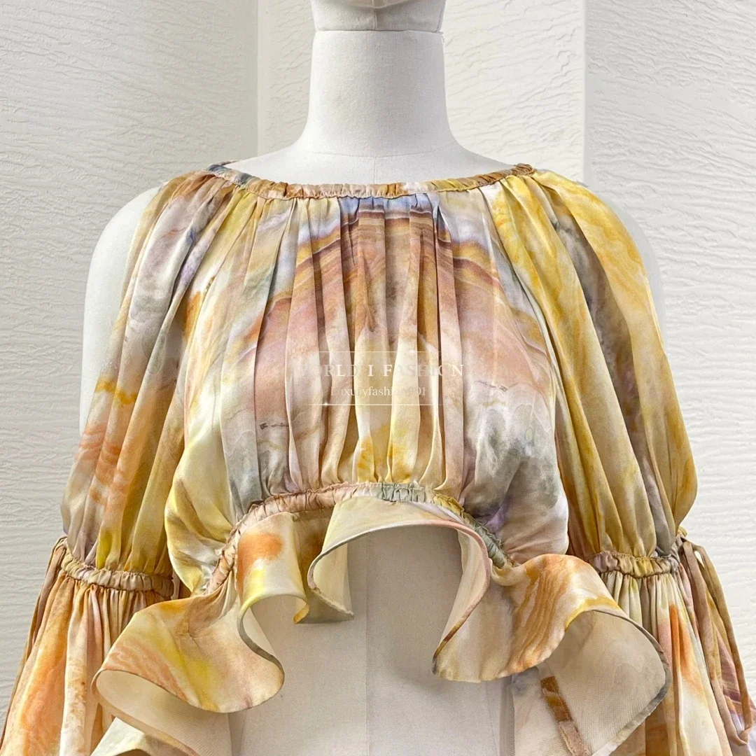 

2025 Новая модная желтая блузка с длинными рукавами и цветочным принтом, нерегулярные оборки, комплект из топа и юбки с оборками