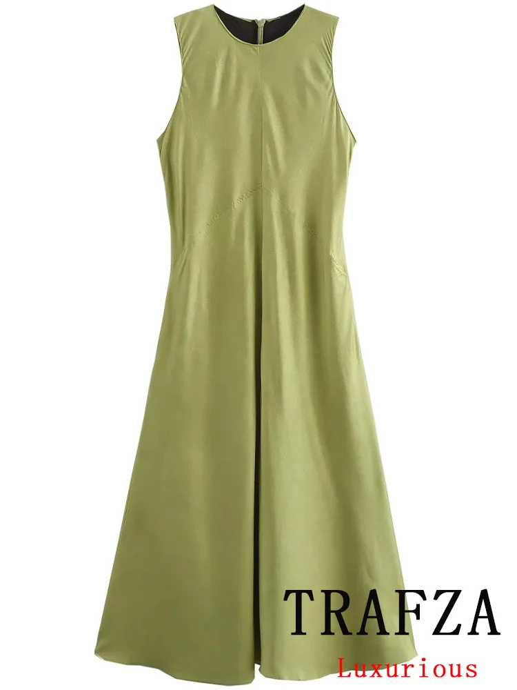 

TRAFZA Vintage Casual Chic Women Dress Solid O-Neck Sleeveless Zipper Slim Dress Fashion 2024 Autumn Holiday Sheath Dress