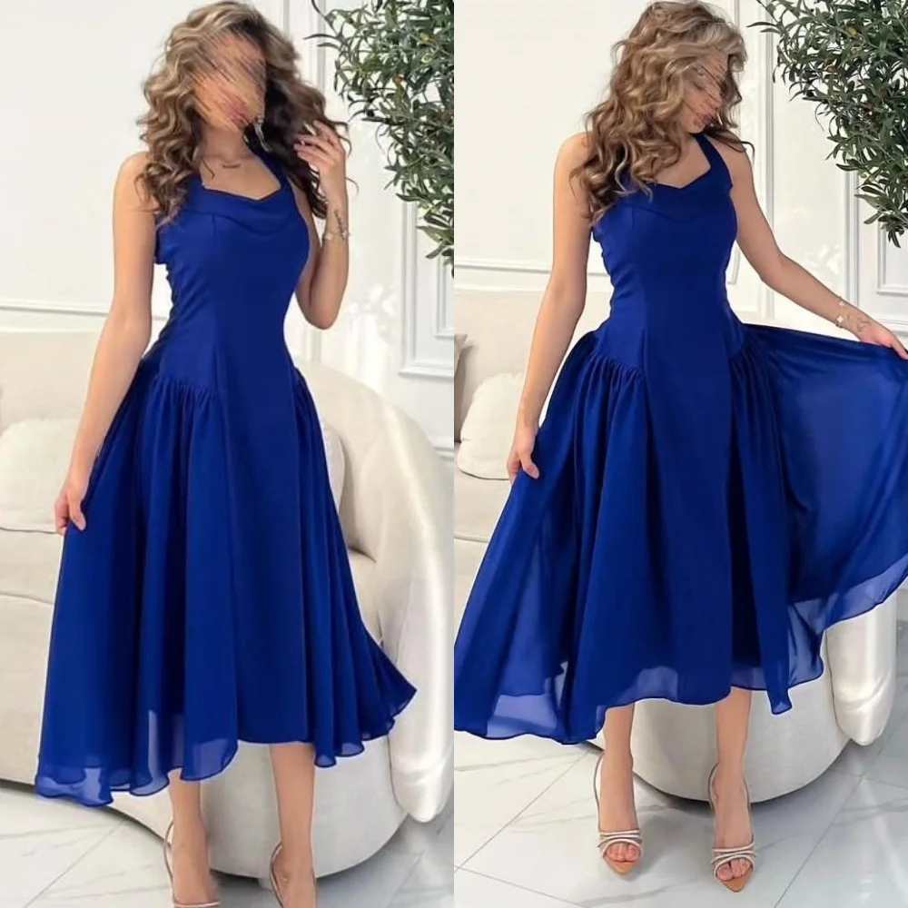 Customized Classic deep Blue Halter Sleeveless Evening Dress Elegant A-line Prom Gowns Simple Chiffon Wedding Party Dresses
