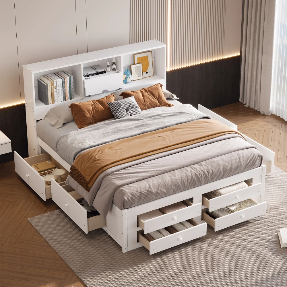 

King Size Platform Bed with Storage Headboard and 8 Drawers, White