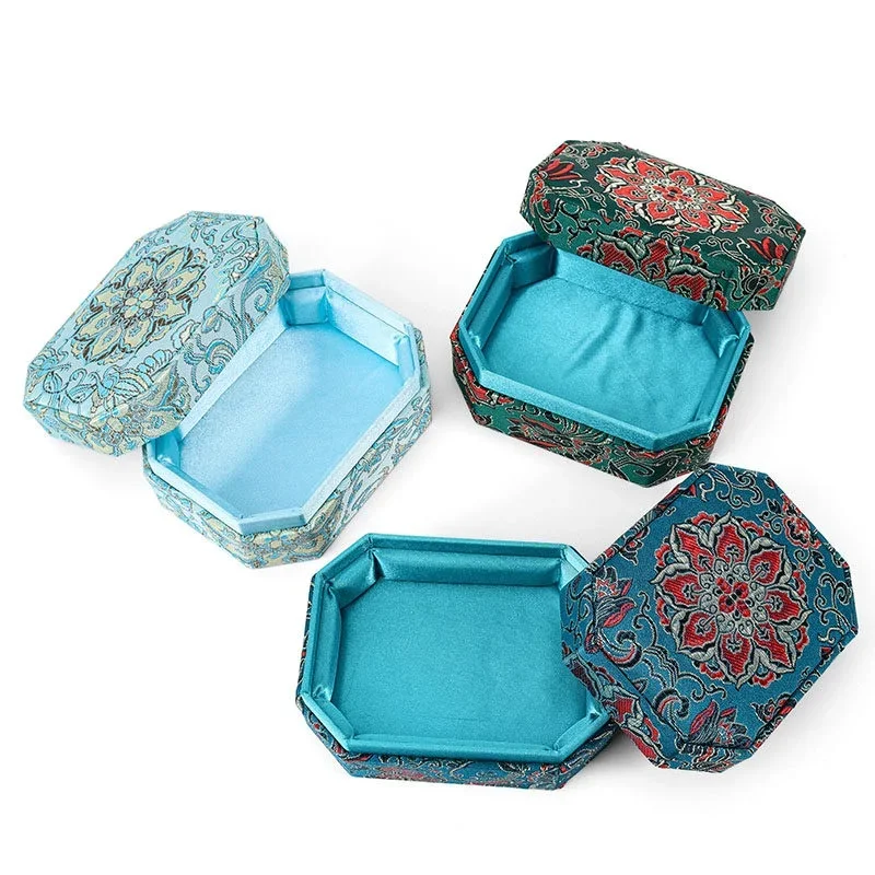 Chinese Style Brocade Octagonal Jewelry Box Top Bottom Cover Bracelet Gift Box Antique Storage Case for Ornament Display